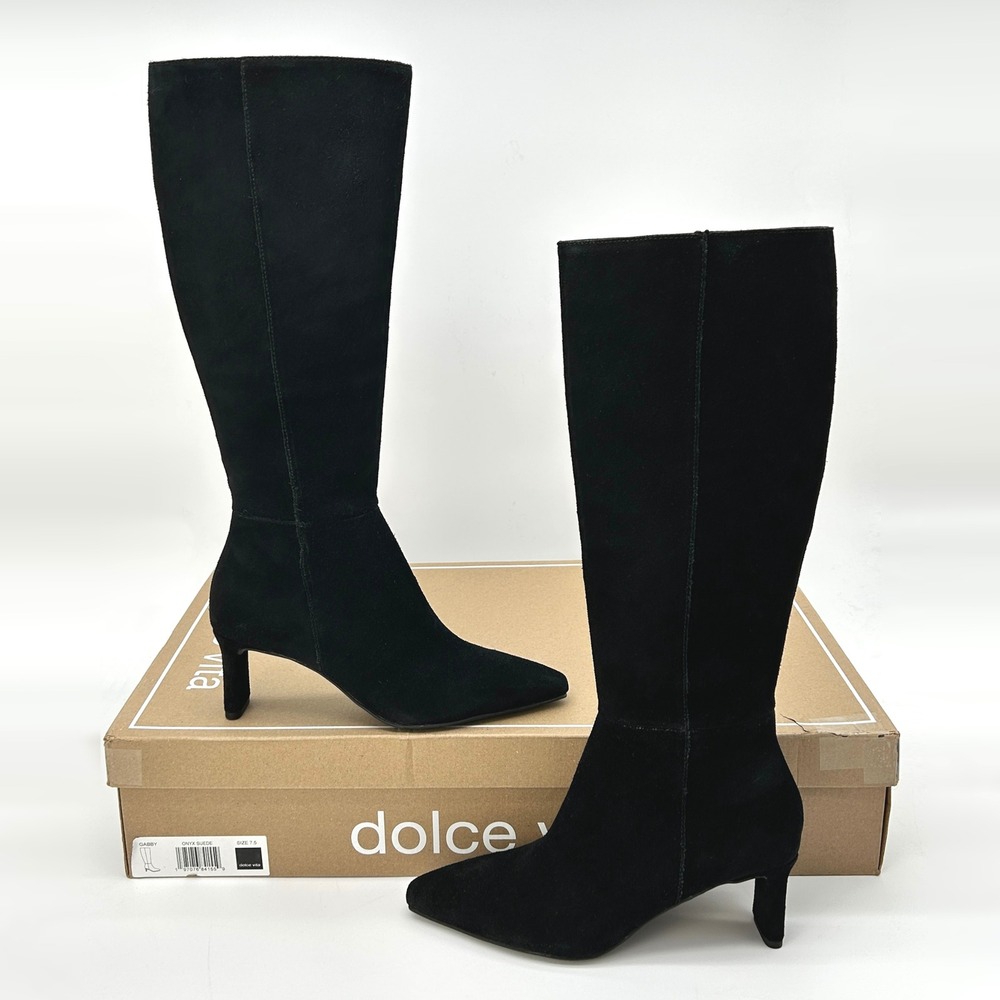 Knee High Boots Dolce Vita Gabby Womens Size 7.5 Black Suede Covered Heel NEW